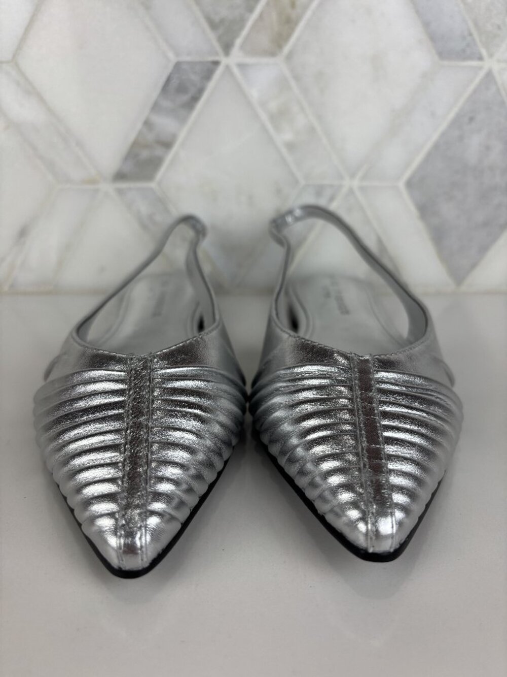 7.5M Marc Fisher Dalatee Silver Ruched Gathered Pointed Toe Slingback Flat Shoe - Picture 2 of 14